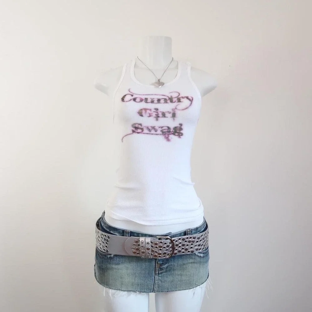 y2k country girl swag graphic ribbed tank top fitted cami western - Picture 5 of 8